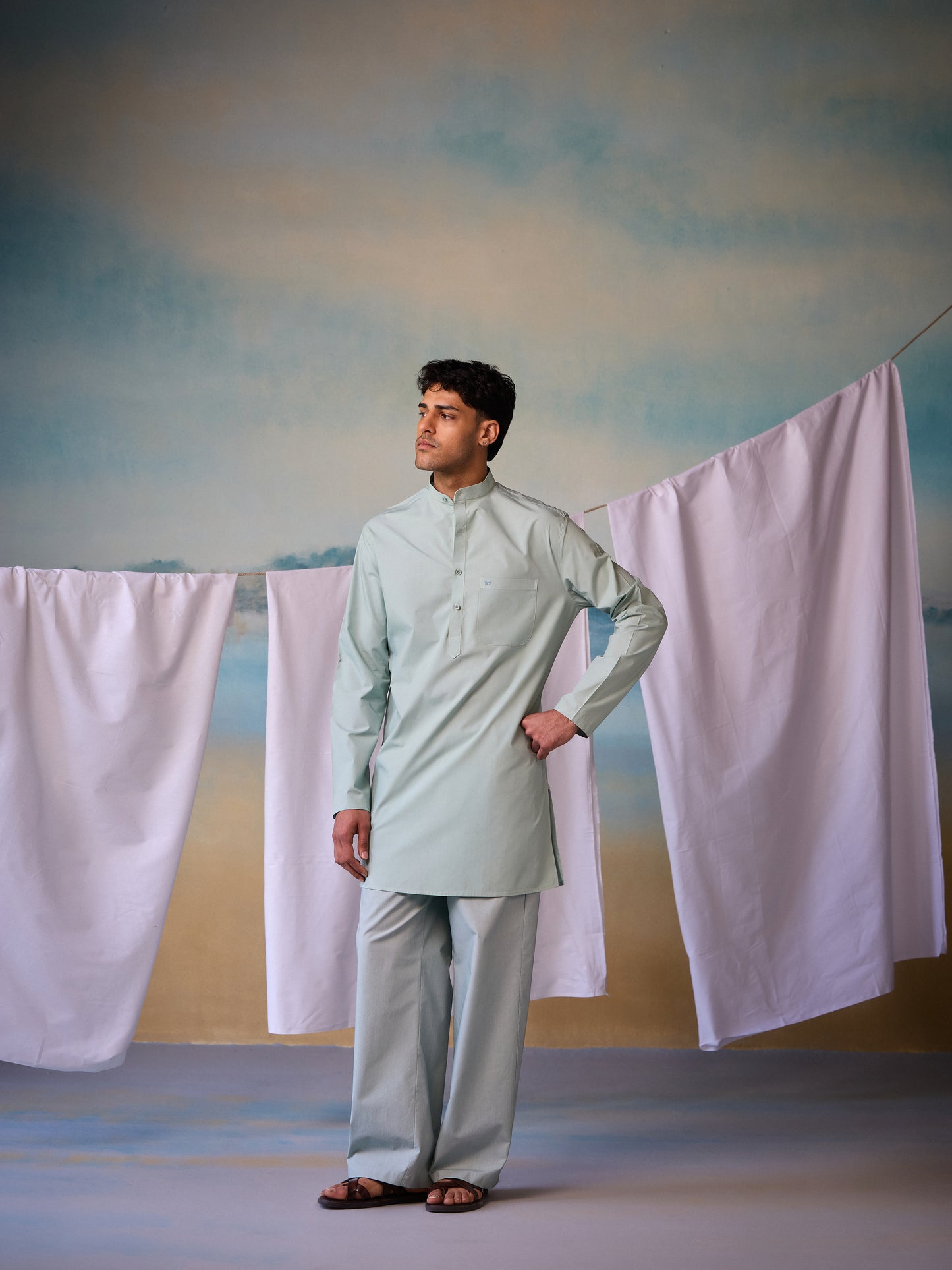 Misraa Signature Kurta - Aqua Grey (Men)