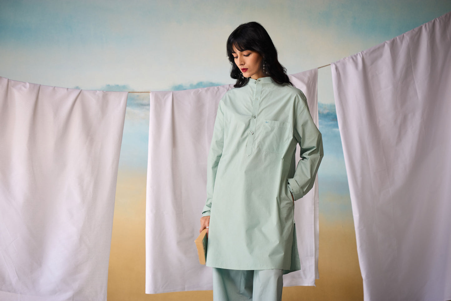 Misraa Signature Kurta - Aqua Grey (Women)