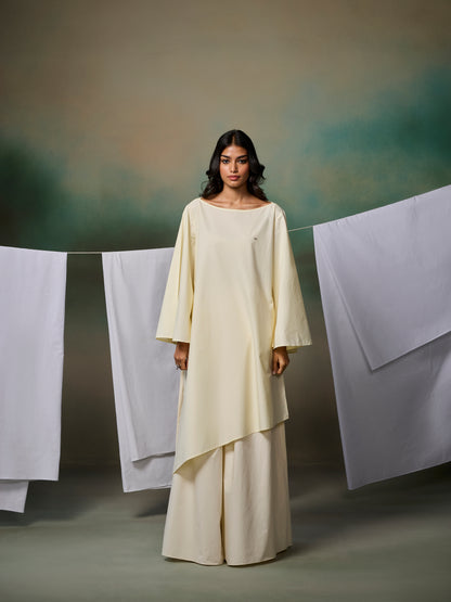 Misraa Asymmetric Boat Neck Kurta - Cream Cheese Yellow