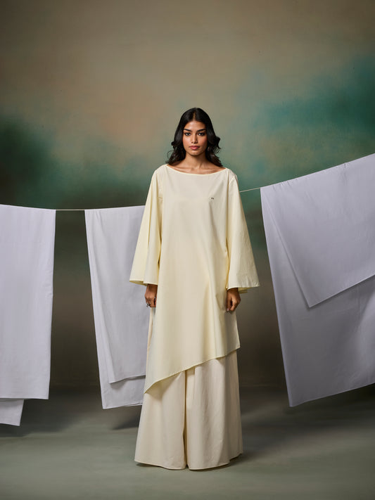 Misraa Asymmetric Boat Neck Kurta - Cream Cheese Yellow