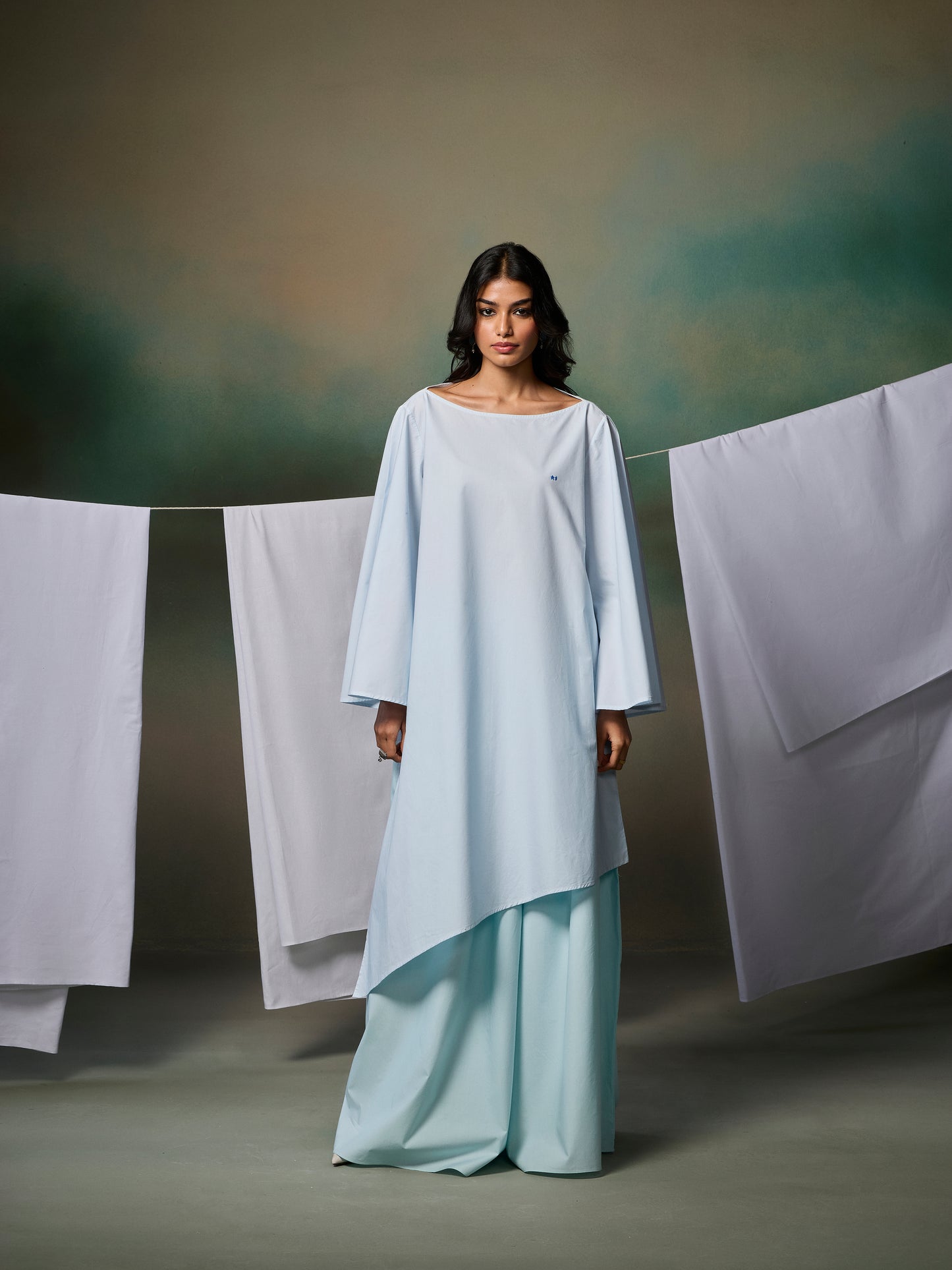 Misraa Asymmetric Boat Neck Kurta - Crystal Blue