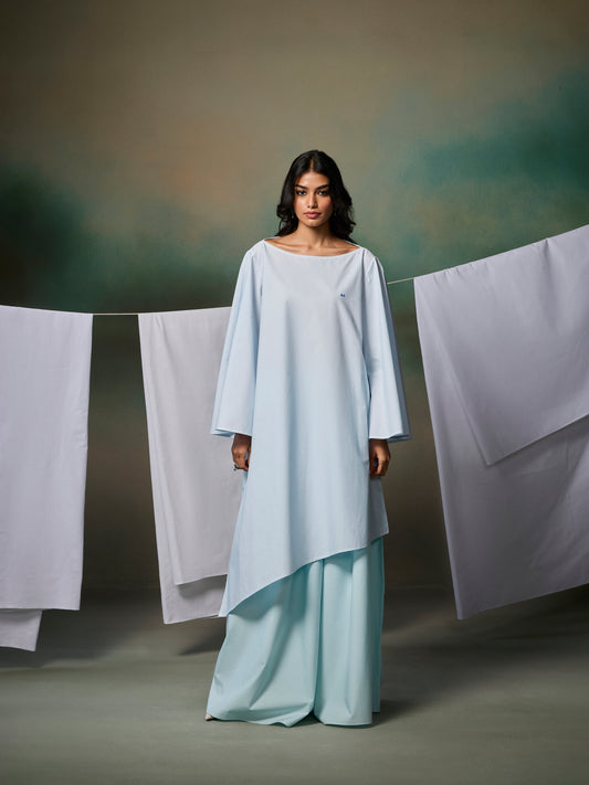 Misraa Asymmetric Boat Neck Kurta - Crystal Blue