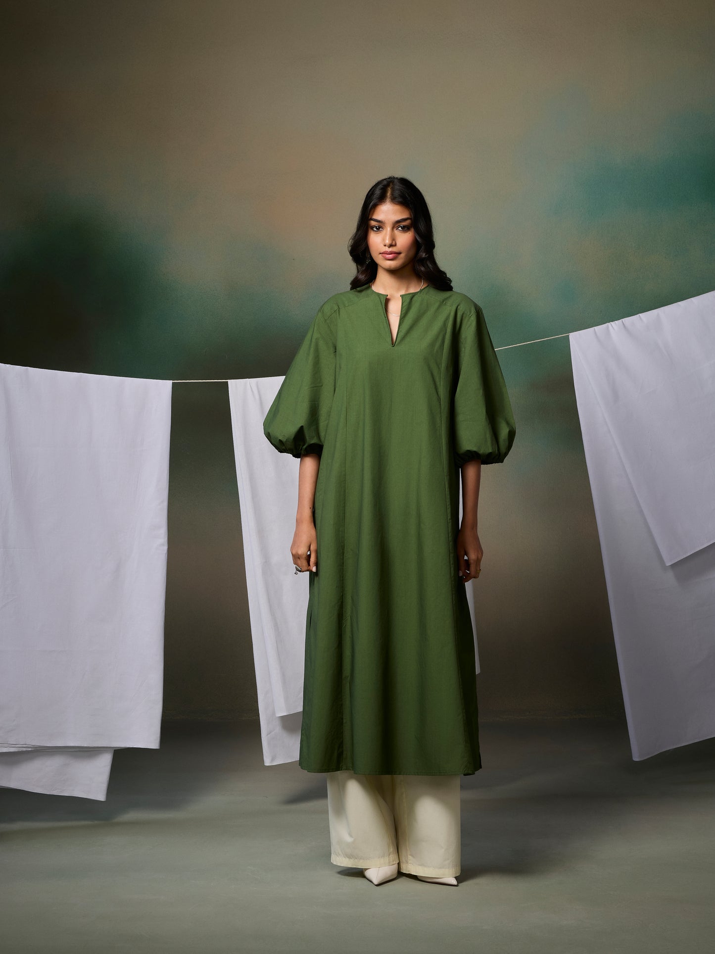 Misraa Panelled Kurta - Chive Green