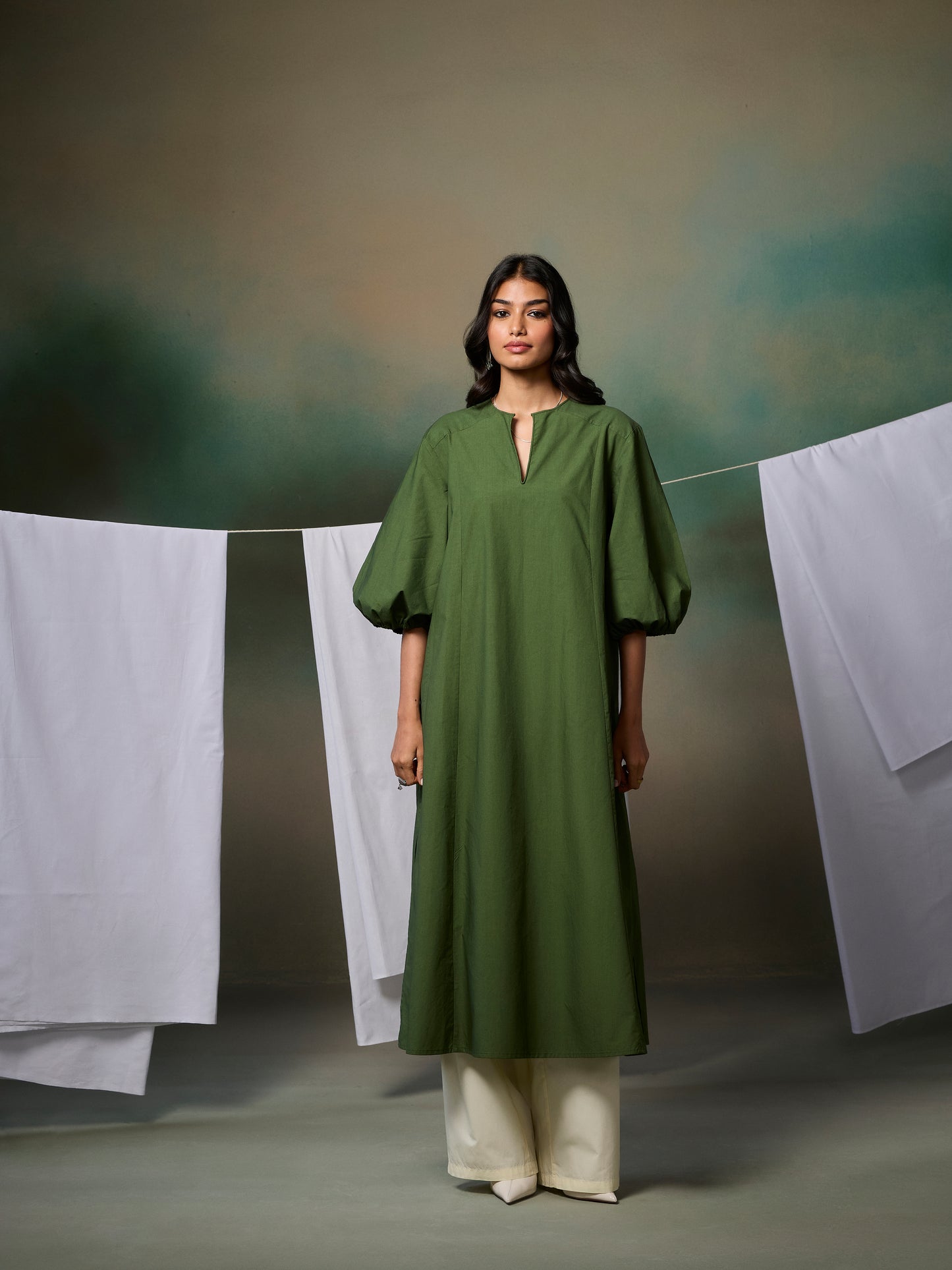 Misraa Panelled Kurta - Chive Green