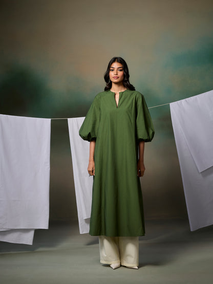 Misraa Panelled Kurta - Chive Green