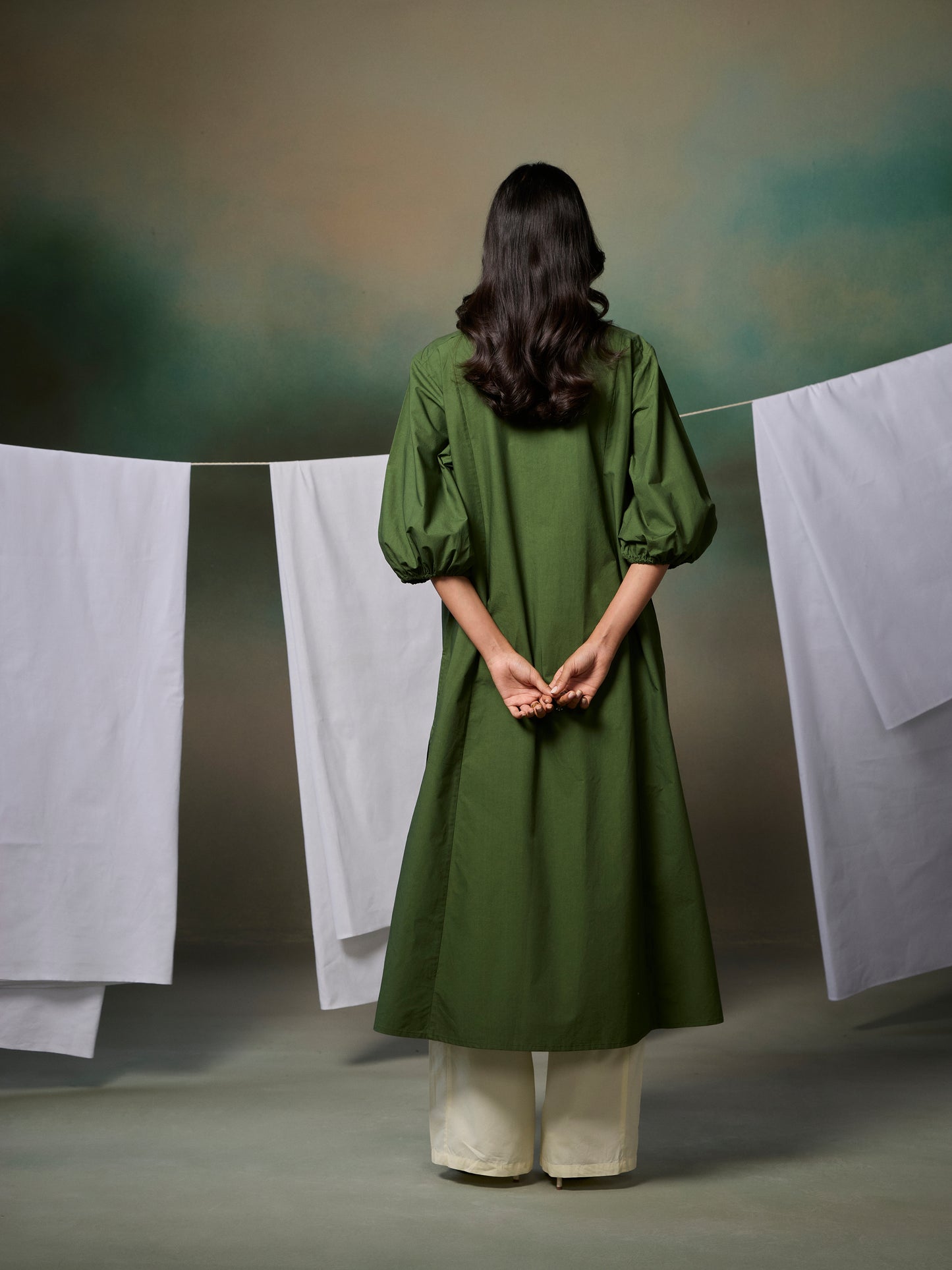 Misraa Panelled Kurta - Chive Green